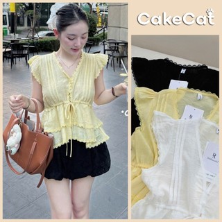 Áo Sơ Mi Đũi Cổ V Phối Ren Cánh Tiên Có Nơ Dáng Babydoll Áo Kiểu Nữ Style Hàn Quốc Cakecat