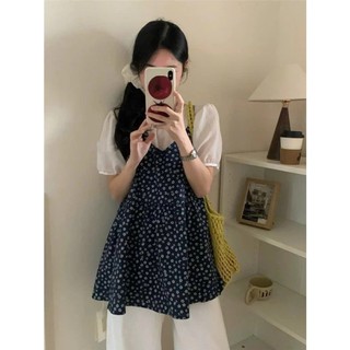 Set Áo Sơ Mi Trơn Tay Bồng Kem Yếm Hoa Xanh Than Lily Dress Phong Cách Babydoll Cakecat