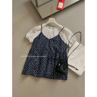 Set Áo Sơ Mi Trơn Tay Bồng Kem Yếm Hoa Xanh Than Lily Dress Phong Cách Babydoll Cakecat