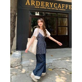 Set Áo Sơ Mi Trơn Tay Bồng Kem Yếm Hoa Xanh Than Lily Dress Phong Cách Babydoll Cakecat