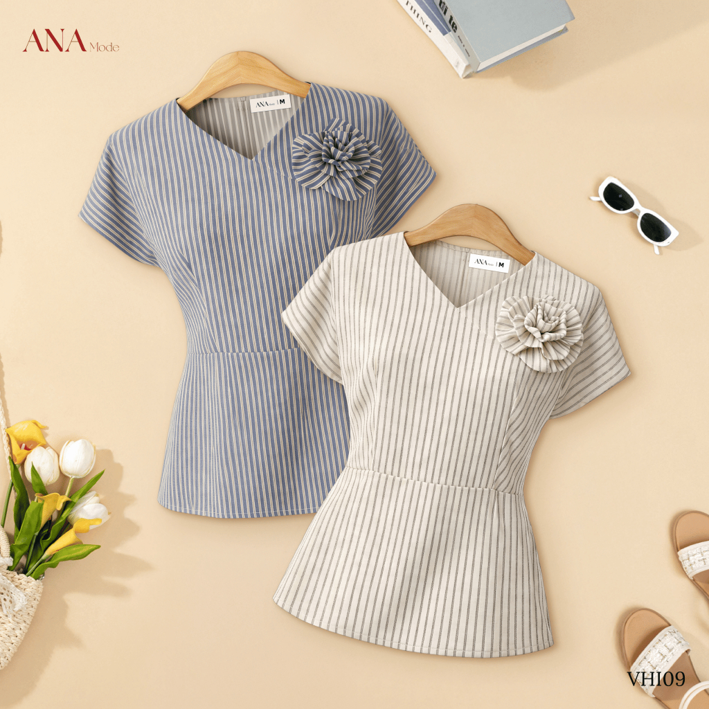 Áo Kiểu Peplum Trung Niên ANA Mode Chất Liệu Linen sọc Trang Nhã Đi Tiệc Quà Tặng Mẹ AK25VHI09