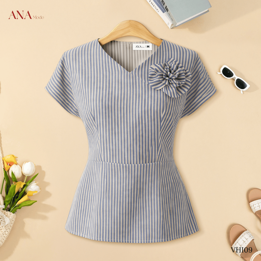 Áo Kiểu Peplum Trung Niên ANA Mode Chất Liệu Linen sọc Trang Nhã Đi Tiệc Quà Tặng Mẹ AK25VHI09