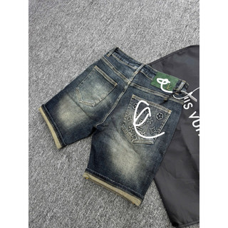 Quần short jean nam wash xanh phối túi họa tiết thời trang, dáng slimfit trẻ trung