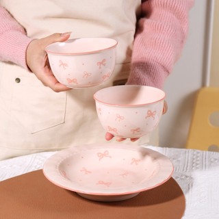 Bộ tô sứ sơn mài họa tiết nơ màu hồng xanh cổng sứ, gồm tô, bát, bát quai thao