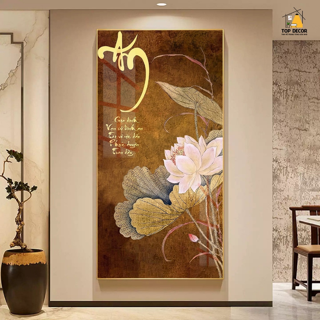 Tranh Treo Decor "Hoa Sen Thư Pháp" Tranh Decor - Tranh Treo Phòng khách, Tranh Treo phòng ngủ, Tranh tráng gương