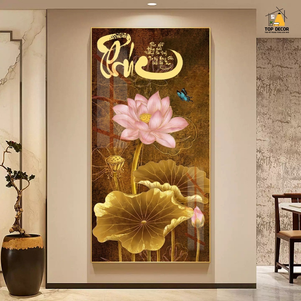 Tranh Treo Decor "Hoa Sen Thư Pháp" Tranh Decor - Tranh Treo Phòng khách, Tranh Treo phòng ngủ, Tranh tráng gương