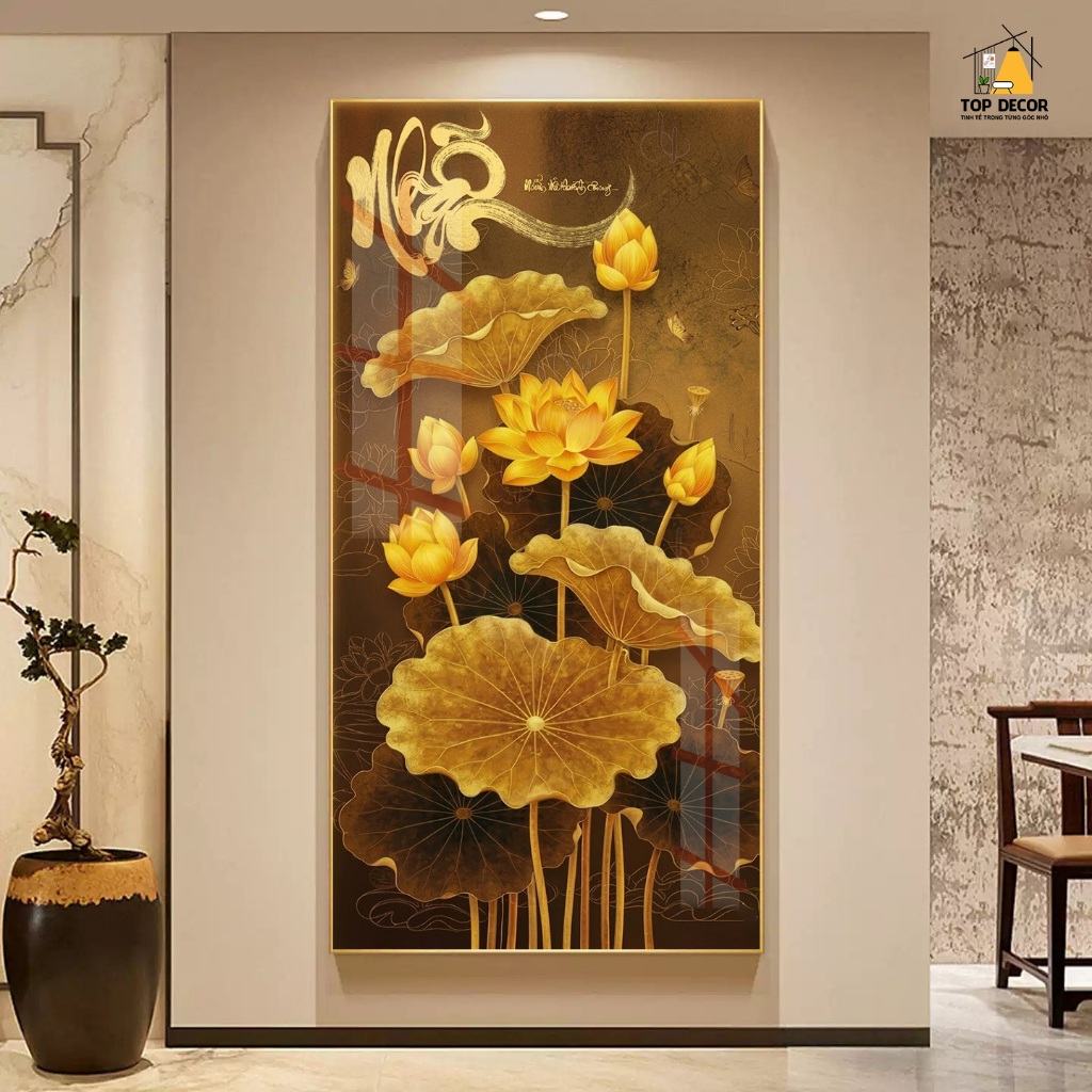Tranh Treo Decor "Hoa Sen Thư Pháp" Tranh Decor - Tranh Treo Phòng khách, Tranh Treo phòng ngủ, Tranh tráng gương