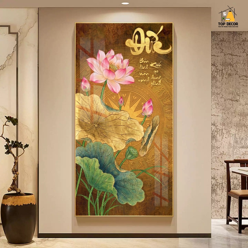 Tranh Treo Decor "Hoa Sen Thư Pháp" Tranh Decor - Tranh Treo Phòng khách, Tranh Treo phòng ngủ, Tranh tráng gương