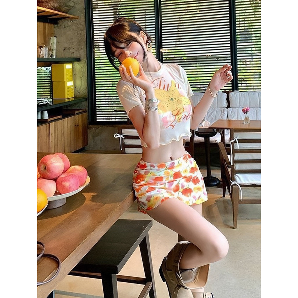 Bikini nữ 4 món màu cam hoa, đồ bơi tách rời gợi cảm, áo tay ngắn đi biển phong cách