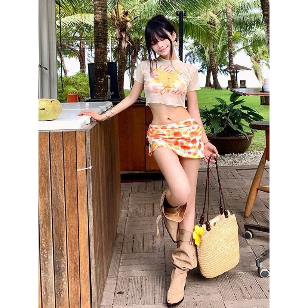 Bikini nữ 4 món màu cam hoa, đồ bơi tách rời gợi cảm, áo tay ngắn đi biển phong cách