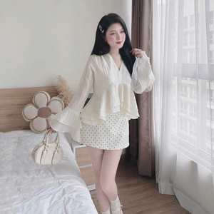 Set Áo Babydoll Cổ V Tay Loe Lai Tầng+ Váy Chấm Bi Set Đồ Đi Chơi Đi Tết Sang Chảnh