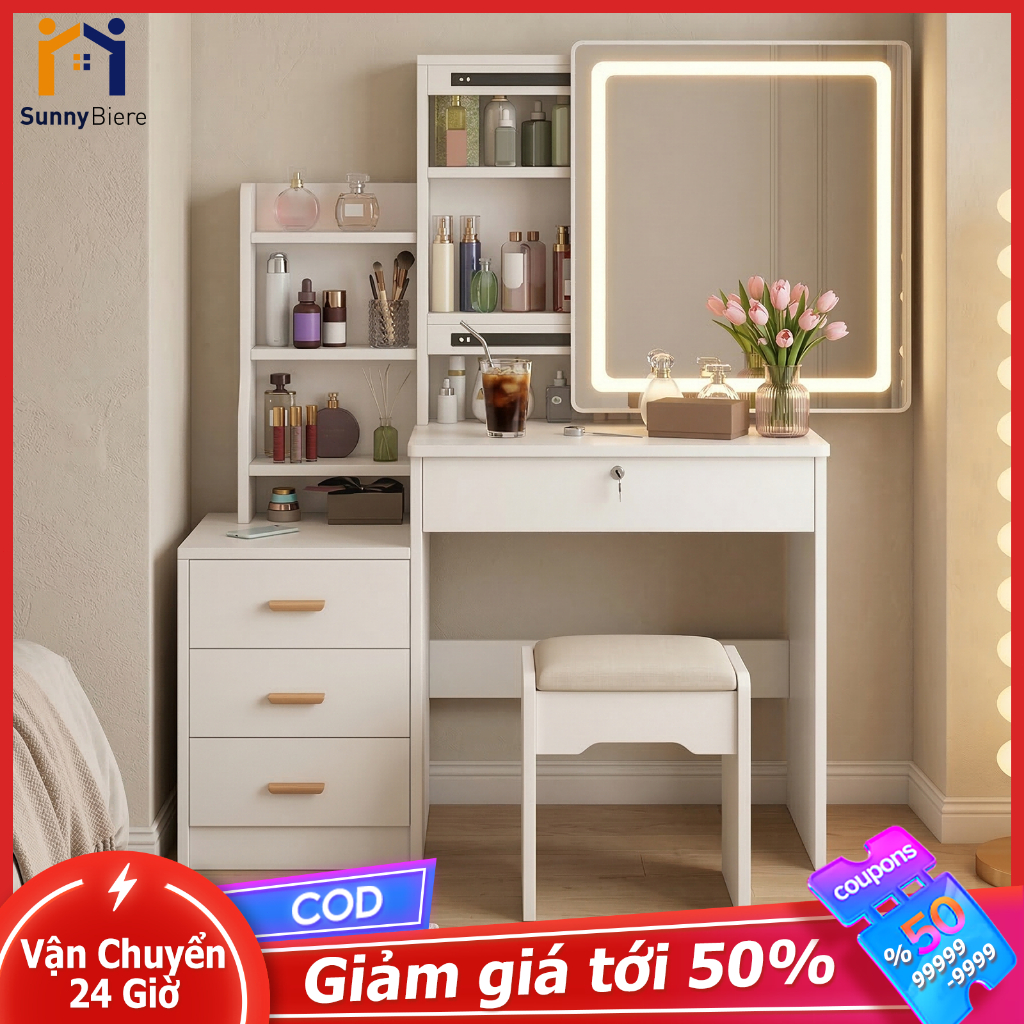 SUNNY Bàn trang điểm nội thất Bộ bàn trang điểm cá nhân kết hợp ghế và gương kéo thông minh có đèn