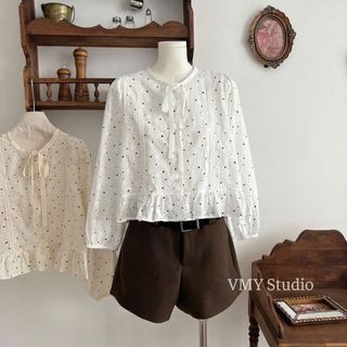 VMY Studio - Áo thun babydoll ren hoa mix nơ tiểu thư xinh xắn, áo dài tay ren hoa dáng xòe QCCC nữ