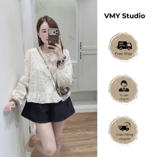 VMY Studio - Áo thun babydoll ren hoa mix nơ tiểu thư xinh xắn, áo dài tay ren hoa dáng xòe QCCC nữ