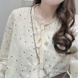 VMY Studio - Áo thun babydoll ren hoa mix nơ tiểu thư xinh xắn, áo dài tay ren hoa dáng xòe QCCC nữ