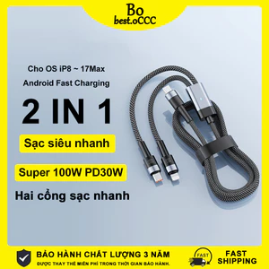 Dây sạc 2 in 1 Cáp sạc dữ liệu sạc nhanh 2 trong 1 Type C To C+L 100W - Hỗ Trợ PD/PPS, Bền Bỉ,2 đầu USB C to C + iP 30W
