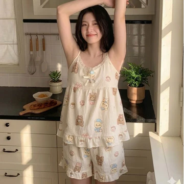 {Có Sẵn} Bộ Ngủ Cộc BN8 Gấu Đồ Ngủ Nữ Có Đệm Ngực Set Đồ Ngủ Dễ Thương Cho Nữ Đồ Ngủ Nữ, Bộ Ngủ 2 Dây, Set Đồ Ngủ Ngắn