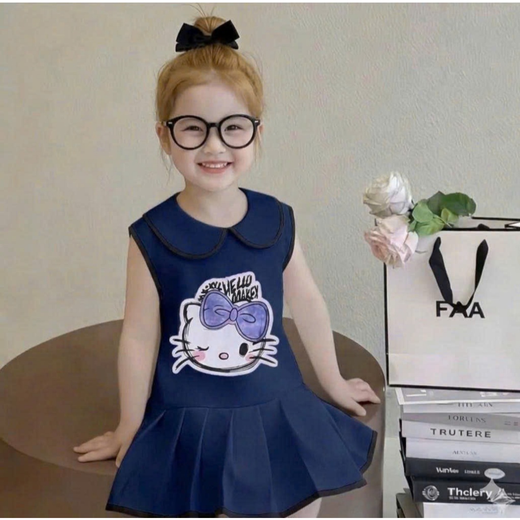 Váy Xòe Cổ Sen ( Hello Kitty ) Dành Cho Bé Gái 9-35kg Chất Liệu Mềm Mịn