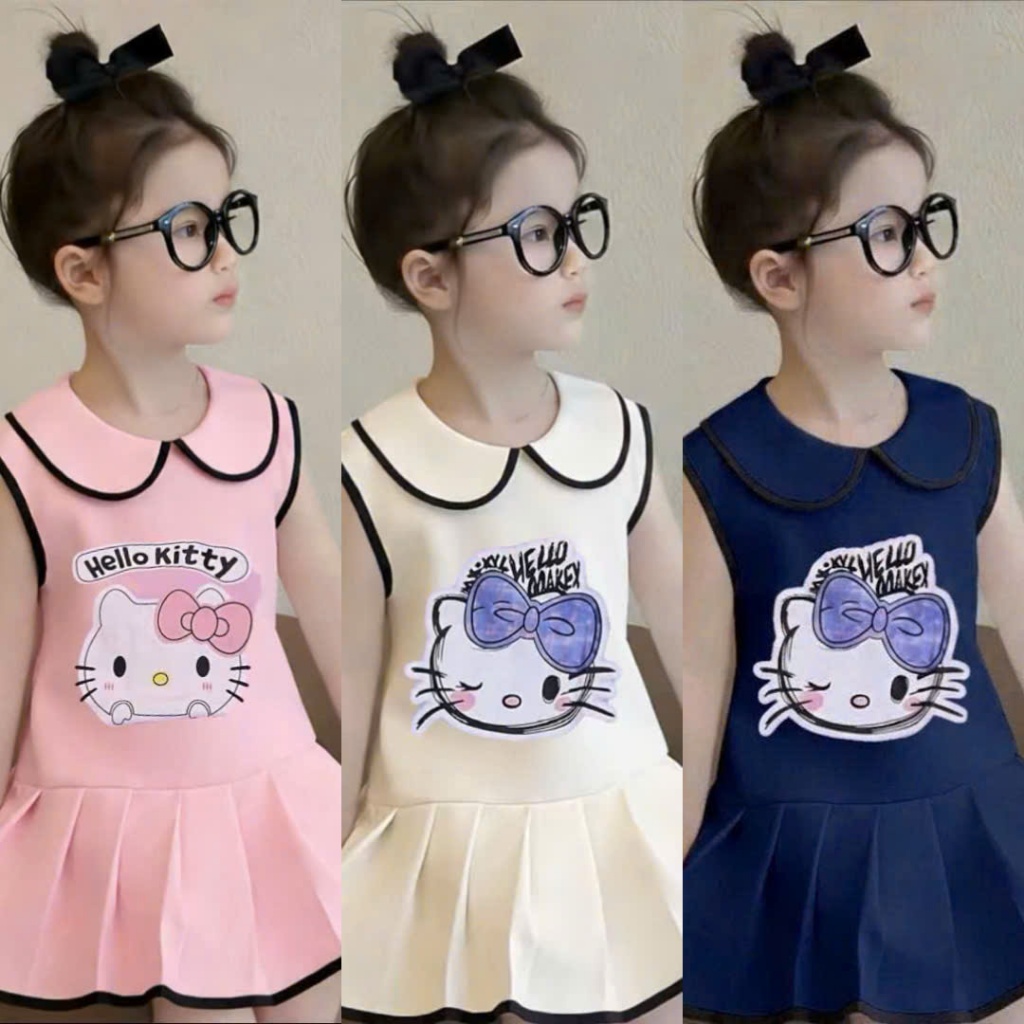 Váy Xòe Cổ Sen ( Hello Kitty ) Dành Cho Bé Gái 9-35kg Chất Liệu Mềm Mịn