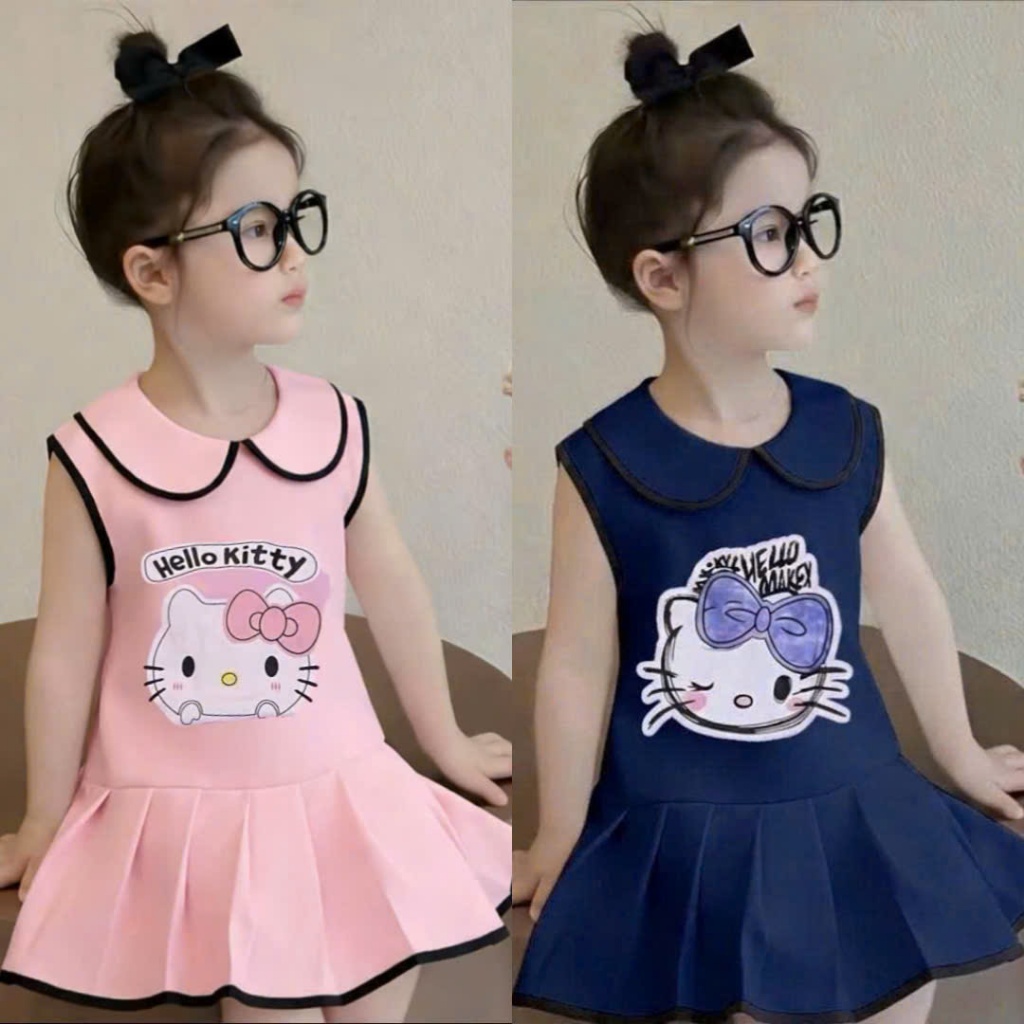 Váy Xòe Cổ Sen ( Hello Kitty ) Dành Cho Bé Gái 9-35kg Chất Liệu Mềm Mịn