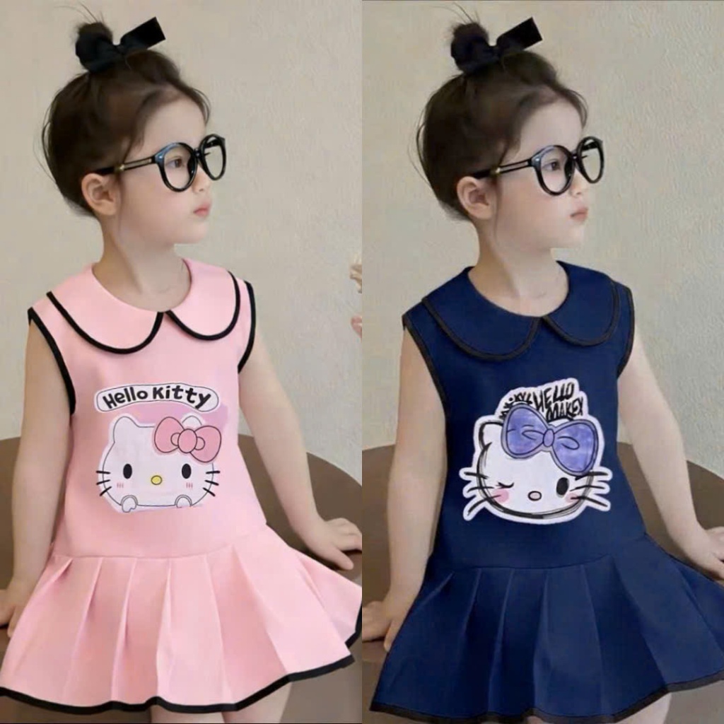 Váy Xòe Cổ Sen ( Hello Kitty ) Dành Cho Bé Gái 9-35kg Chất Liệu Mềm Mịn