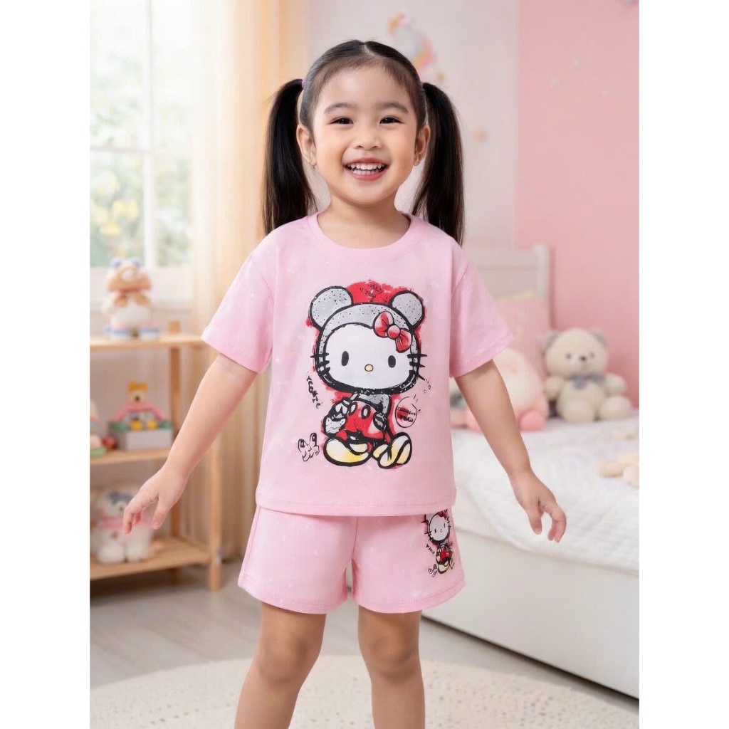 Bộ Cộc Tay Cho Bé Gái Loang In Mèo Kitty Mềm Mịn Thoáng Mát Dành Cho Bé Gái 9-42kg