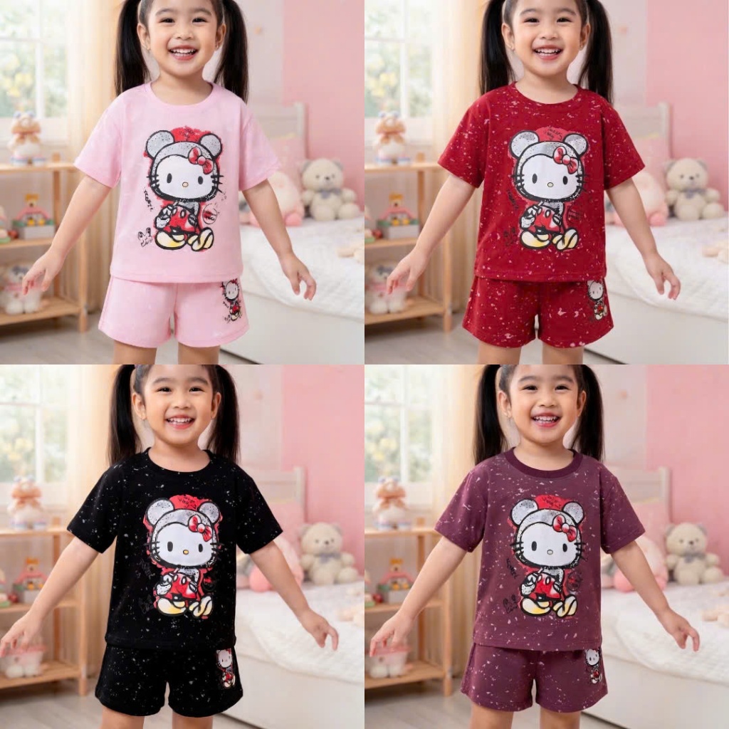 Bộ Cộc Tay Cho Bé Gái Loang In Mèo Kitty Mềm Mịn Thoáng Mát Dành Cho Bé Gái 9-42kg