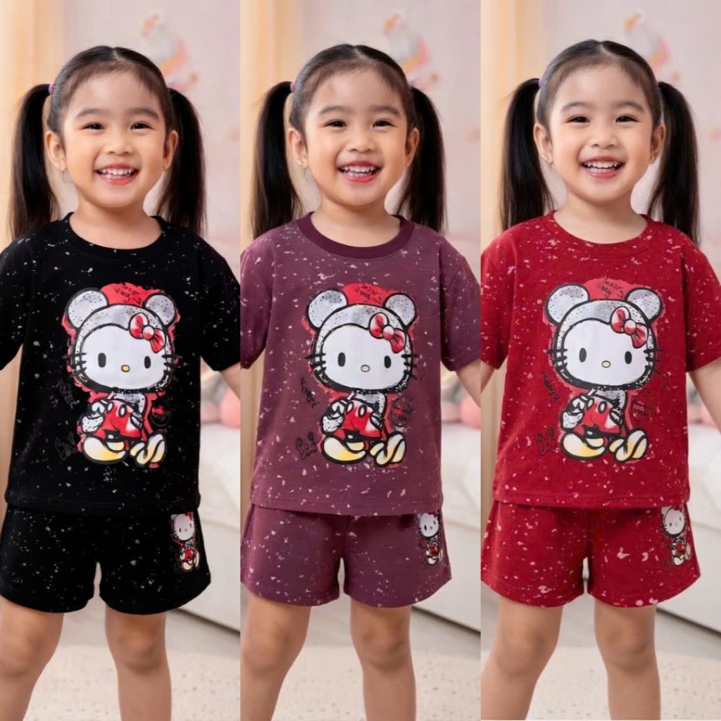 Bộ Cộc Tay Cho Bé Gái Loang In Mèo Kitty Mềm Mịn Thoáng Mát Dành Cho Bé Gái 9-42kg