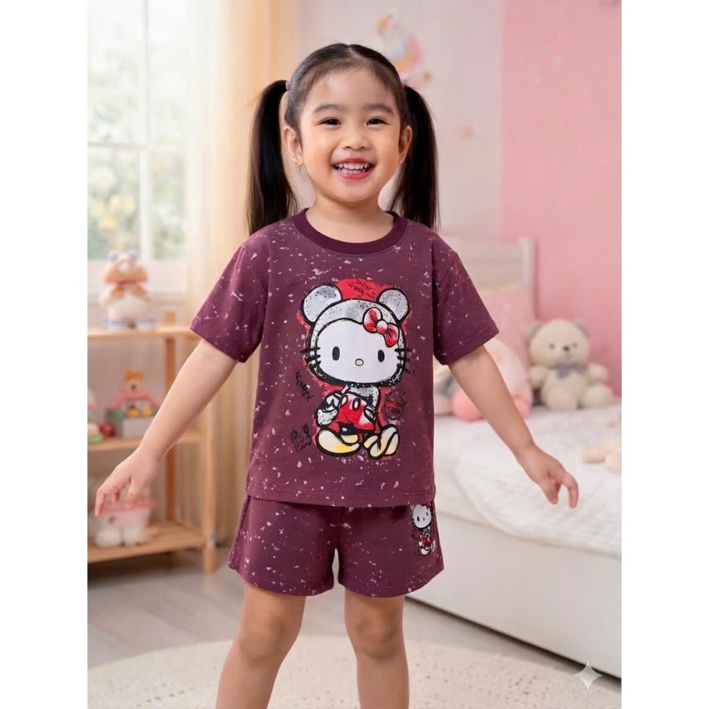 Bộ Cộc Tay Cho Bé Gái Loang In Mèo Kitty Mềm Mịn Thoáng Mát Dành Cho Bé Gái 9-42kg