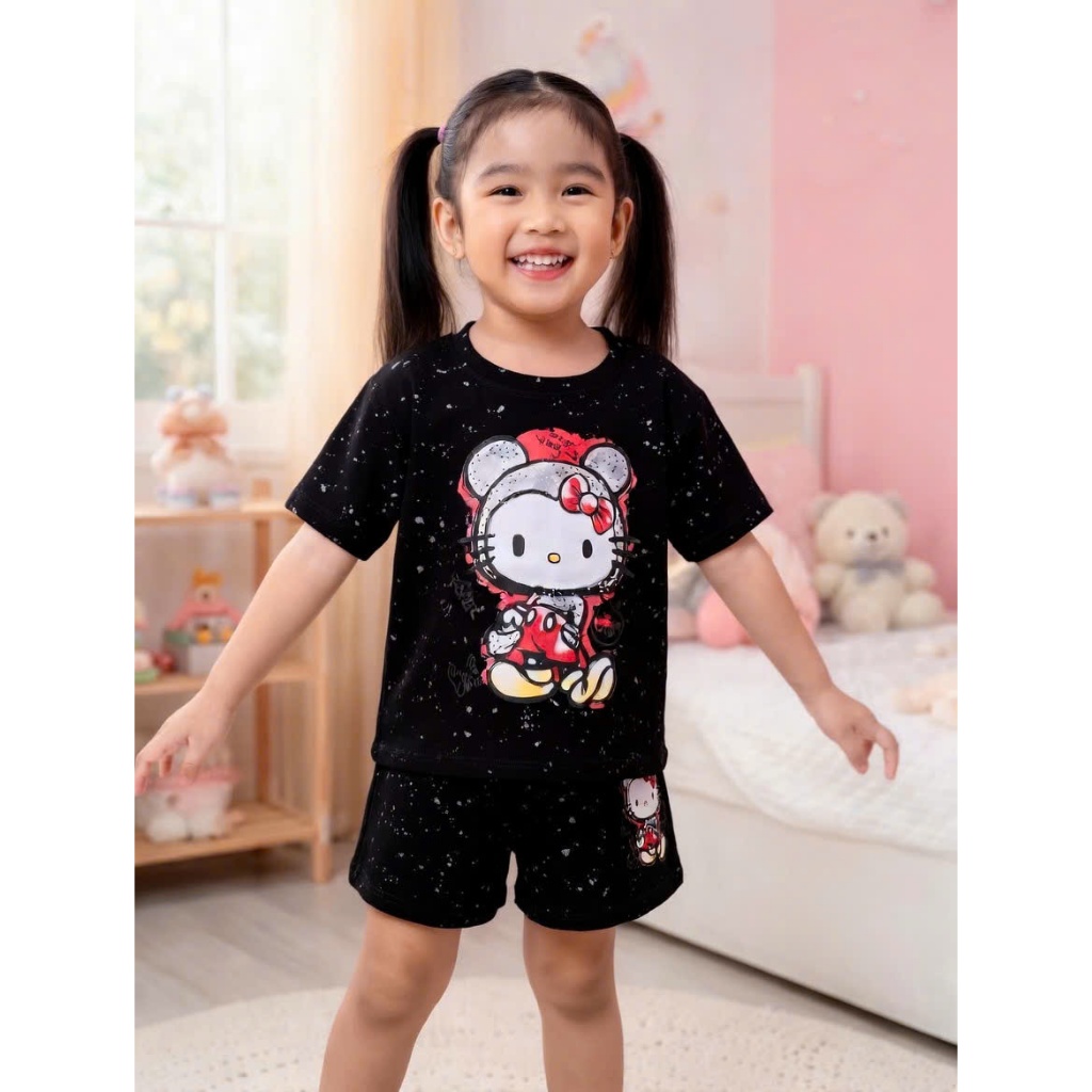 Bộ Cộc Tay Cho Bé Gái Loang In Mèo Kitty Mềm Mịn Thoáng Mát Dành Cho Bé Gái 9-42kg
