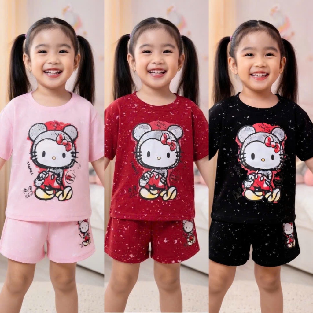 Bộ Cộc Tay Cho Bé Gái Loang In Mèo Kitty Mềm Mịn Thoáng Mát Dành Cho Bé Gái 9-42kg
