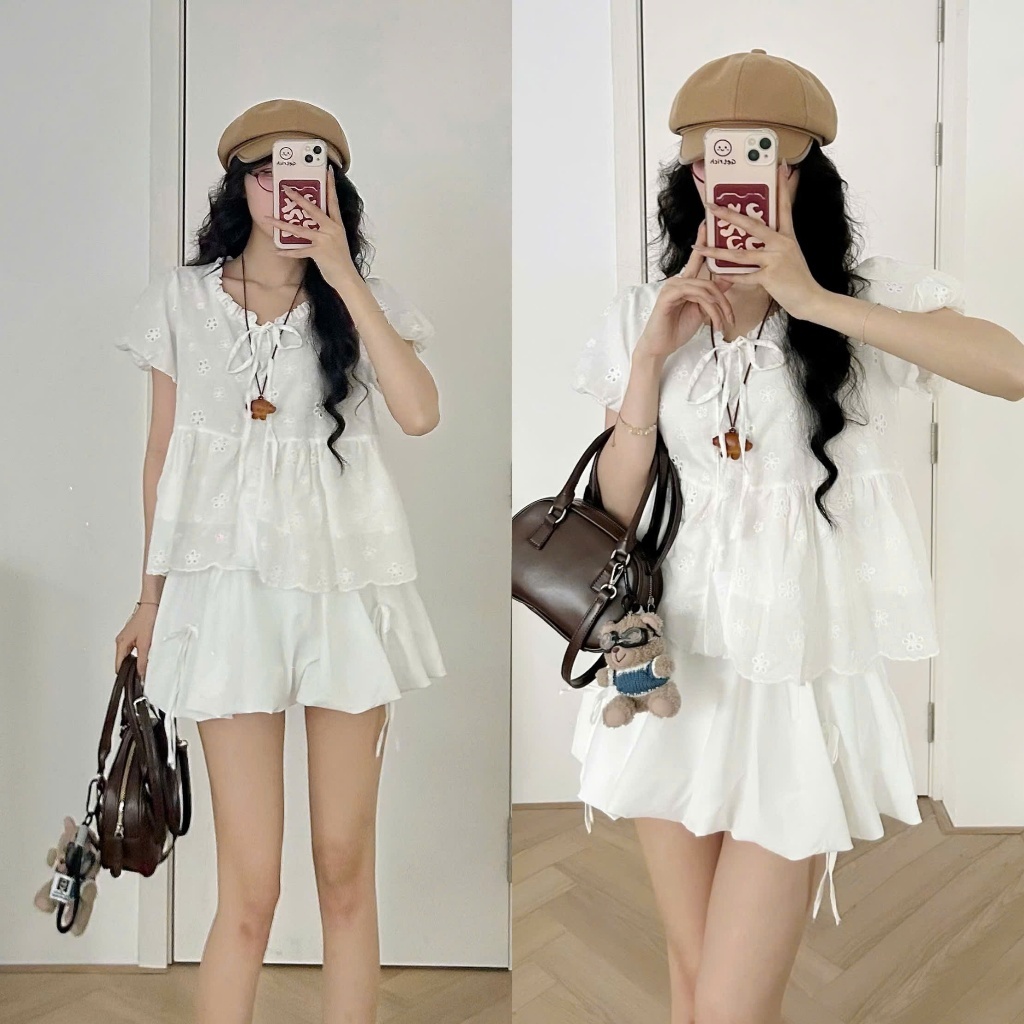 Áo BabyDoll Aimee Phối Cổ Thắt Nơ Chất Ren Thêu Hoa Tay Beo Siêu Xinh 2026 Mã A499