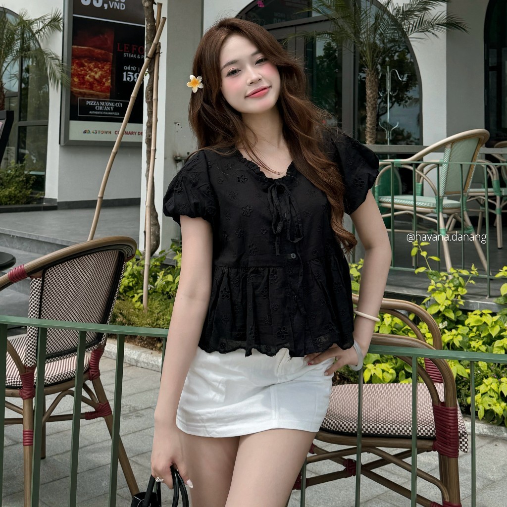 Áo BabyDoll Aimee Phối Cổ Thắt Nơ Chất Ren Thêu Hoa Tay Beo Siêu Xinh 2026 Mã A499