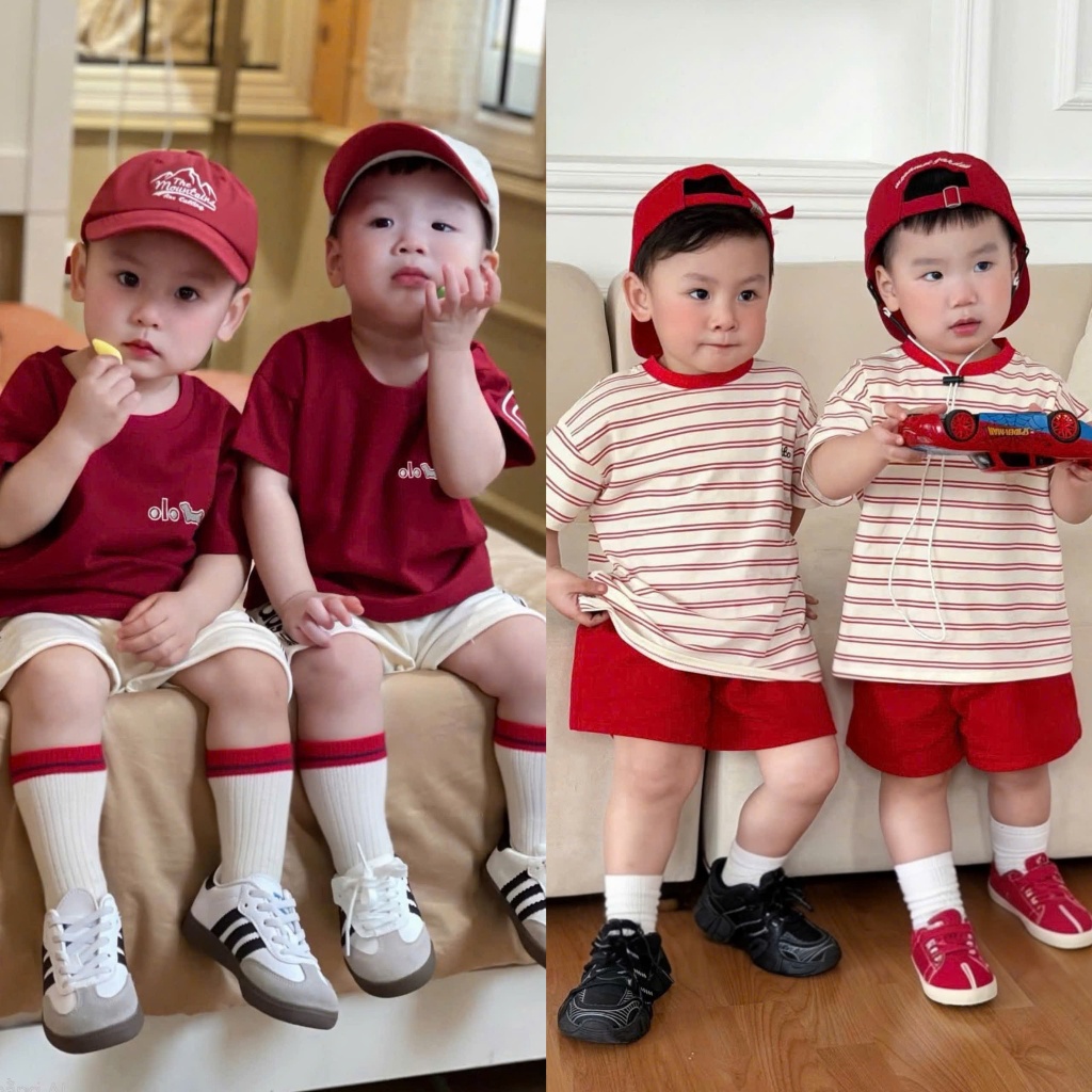 Màu Đỏ Chứng Tỏ Đẹp Trai - Set Bộ Quà Tặng dành cho Bé Trai size 8-21Kg Màu Đỏ In Chữ OLO và Kẻ Đỏ chất Cotton TiCi Mềm
