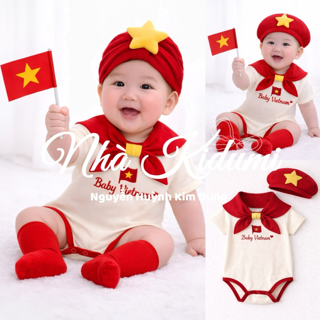 [Sẵn-TẶNG TẤT ĐỎ] Bodysuit Baby Vietnam kèm khăn quàng và nón cho bé trai bé gái chất cotton 3-14kgg