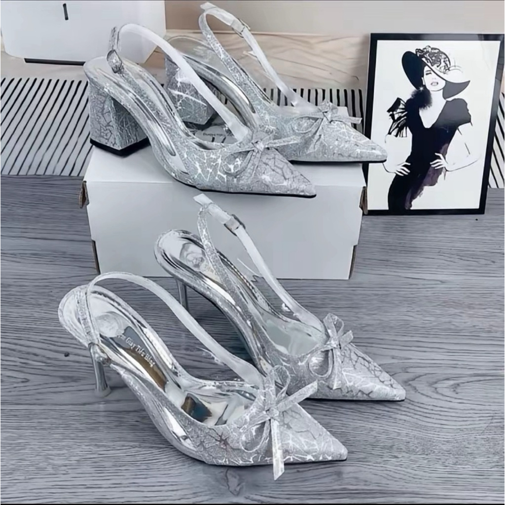 | Bigsize 35 - 41 | Giầy cao gót chất kim tuyến phối mica trong hoạ tiết nơ trang trí siêu xinh B08