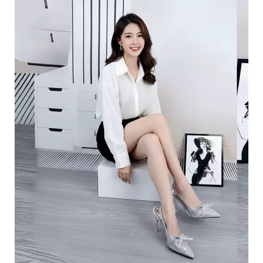 | Bigsize 35 - 41 | Giầy cao gót chất kim tuyến phối mica trong hoạ tiết nơ trang trí siêu xinh B08