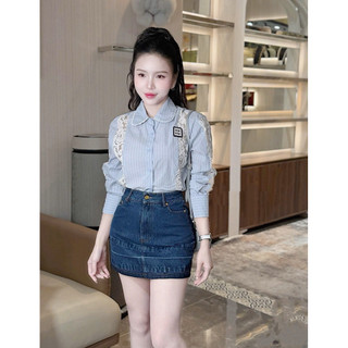 Áo sơ mi thô kẻ sọc Min min phối ren #2602-82132