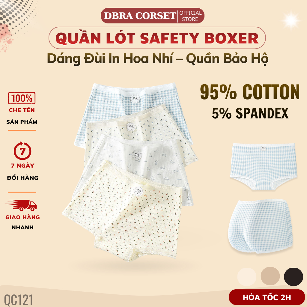 COMBO 5 Quần Lót Nữ Cotton Dáng Đùi In Hoa Nhí, Boxer Co Giãn 4 Chiều, Đáy Cotton 10A DBRA QC.121