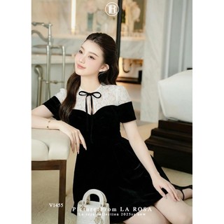 Váy Dự Tiệc Cao Cấp Thiết Kế Thanh Lịch LA ROSA Váy Dáng Ngắn Cổ Phối Ren Đính Nơ Nổi Bật V1455