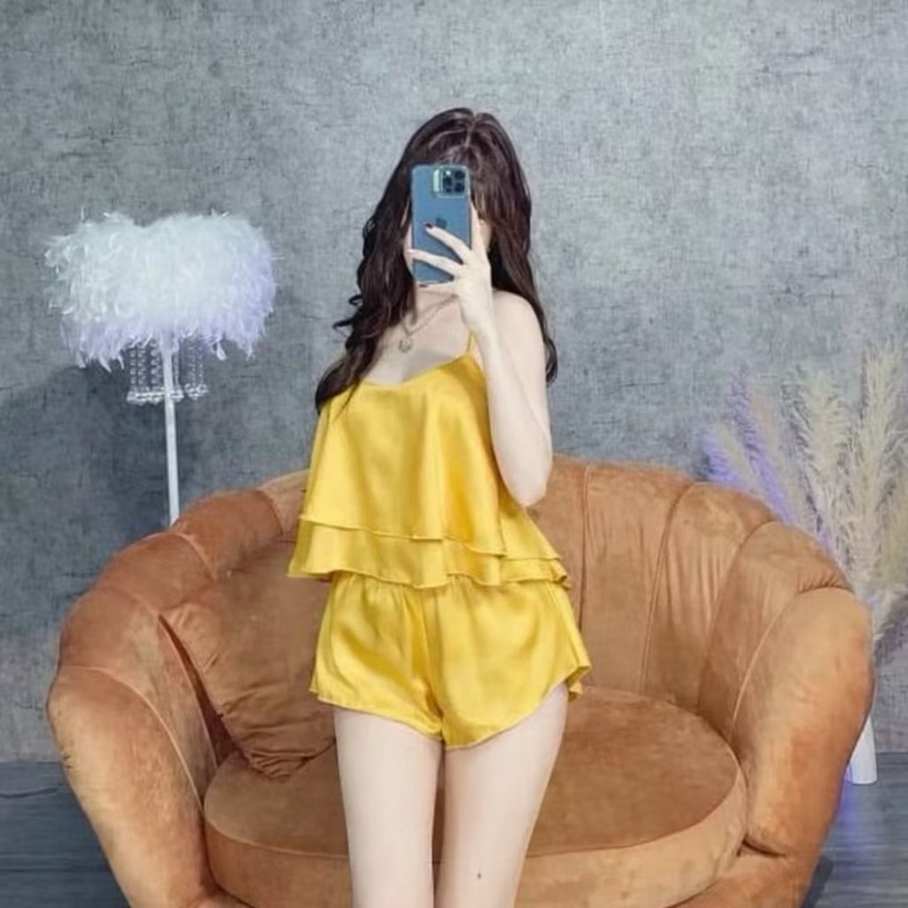 Bộ Đồ Ngủ 2 Dây Lụa Satin Mềm Mát, Áo Quần 2 Tầng, có tăng đưa Dành Cho Nữ