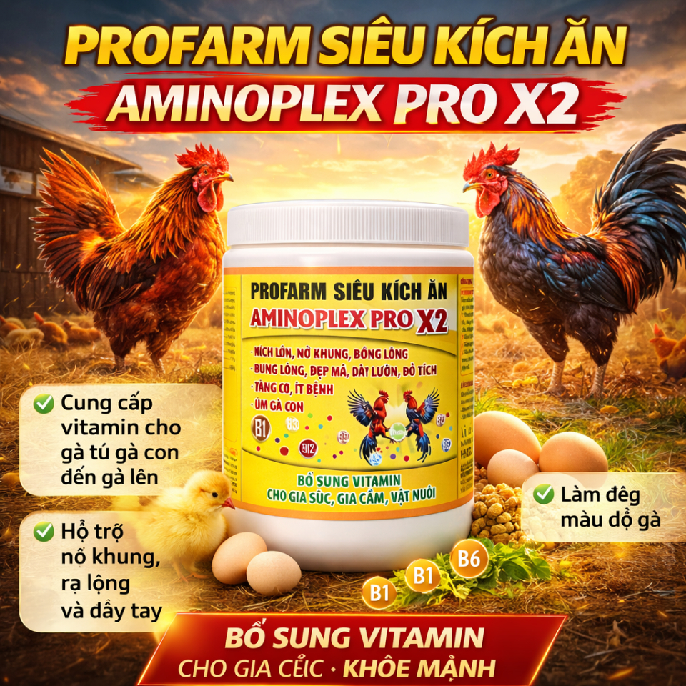 (200g - 500g) Siêu Kích Ăn AMINOPLEX PRO X2 - Cung Câp Vitamin Cho Gà Từ Gà Con Đến Gà Lớn, Nở Khung, Ra Lông, Đầy Tay