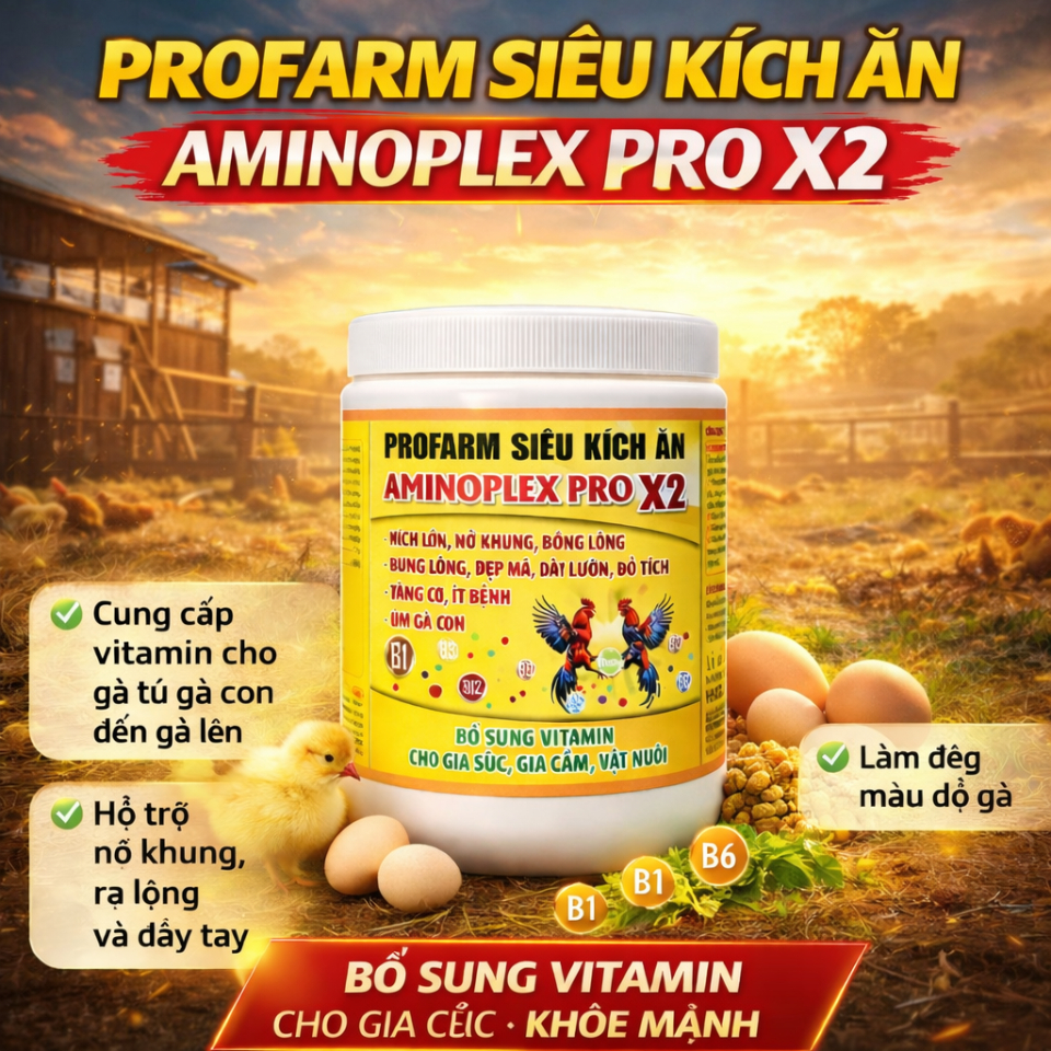 (200g - 500g) Siêu Kích Ăn AMINOPLEX PRO X2 - Cung Câp Vitamin Cho Gà Từ Gà Con Đến Gà Lớn, Nở Khung, Ra Lông, Đầy Tay