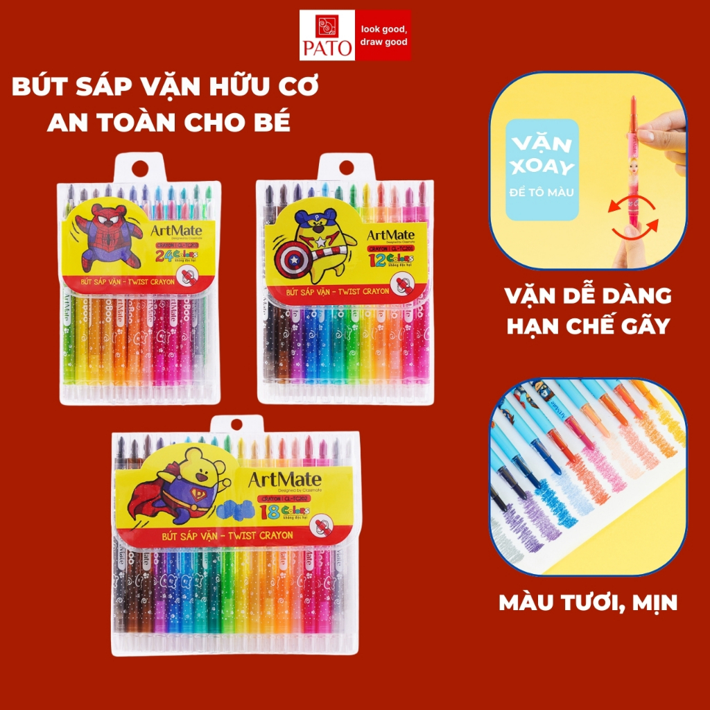 Bút Sáp Vặn Dài 12,18,24 Màu Hữu Cơ An Toàn Cho Bé, Vỏ Nhựa Bảo Vệ Hạn Chế Gãy, Màu Sắc Tươi Sáng, Tô Màu, Vẽ Tranh