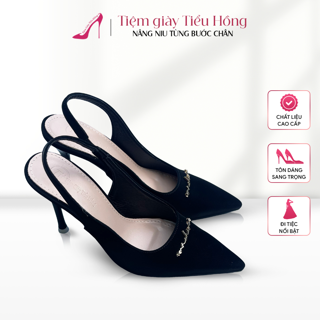 Giày Cao Gót Tuyết Nhung Cao Cấp Giày Mũi Nhọn Hở Gót Charm Chữ Ký Ánh Vàng Tiệm Giày Tiểu Hồng TH03