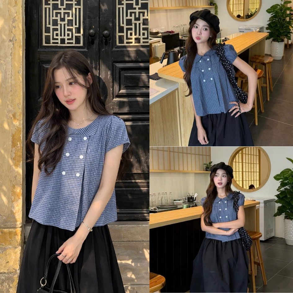 Áo baby doll kẻ cổ sen đính cúc ngực phong cách vintage MUZA A116