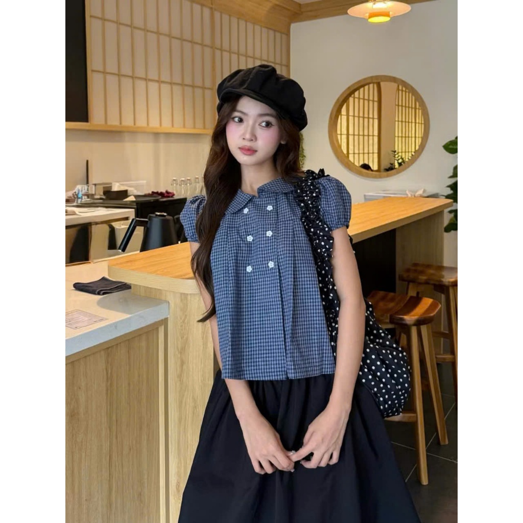Áo baby doll kẻ cổ sen đính cúc ngực phong cách vintage MUZA A116