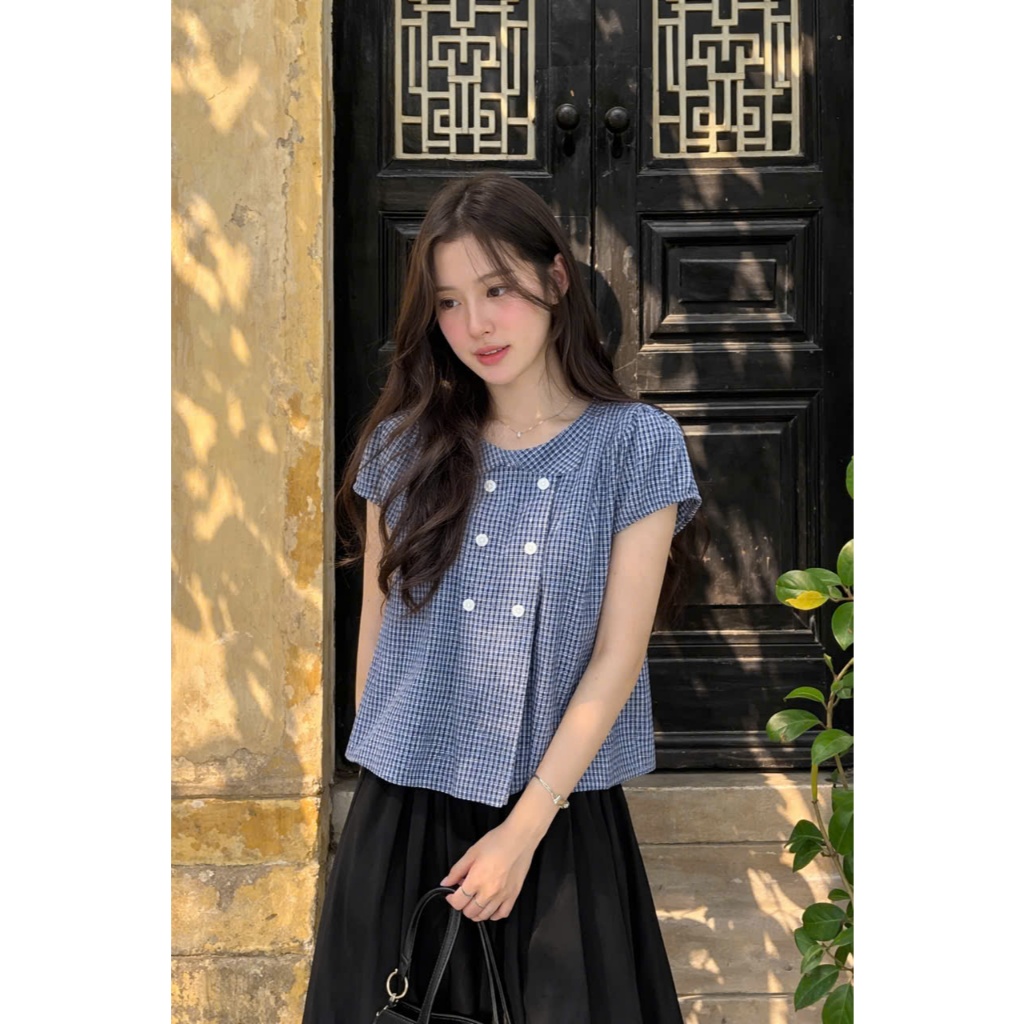 Áo baby doll kẻ cổ sen đính cúc ngực phong cách vintage MUZA A116