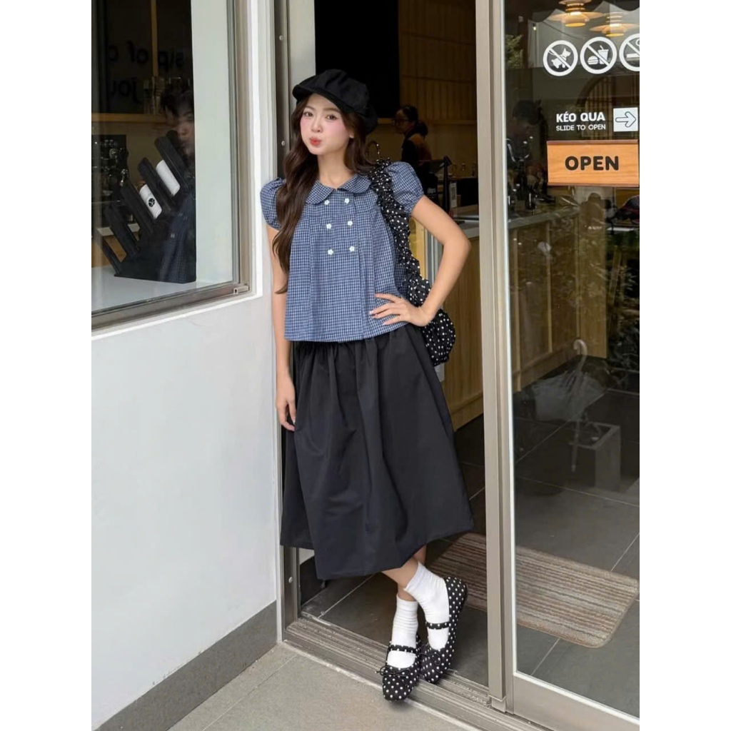 Áo baby doll kẻ cổ sen đính cúc ngực phong cách vintage MUZA A116
