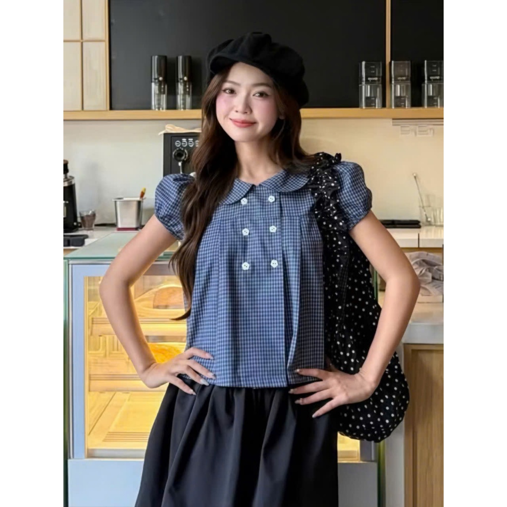 Áo baby doll kẻ cổ sen đính cúc ngực phong cách vintage MUZA A116
